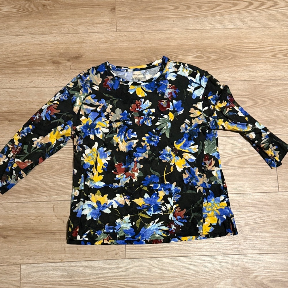 Women's Black Floral Quarter Sleeve Top - Blue & Yellow Print